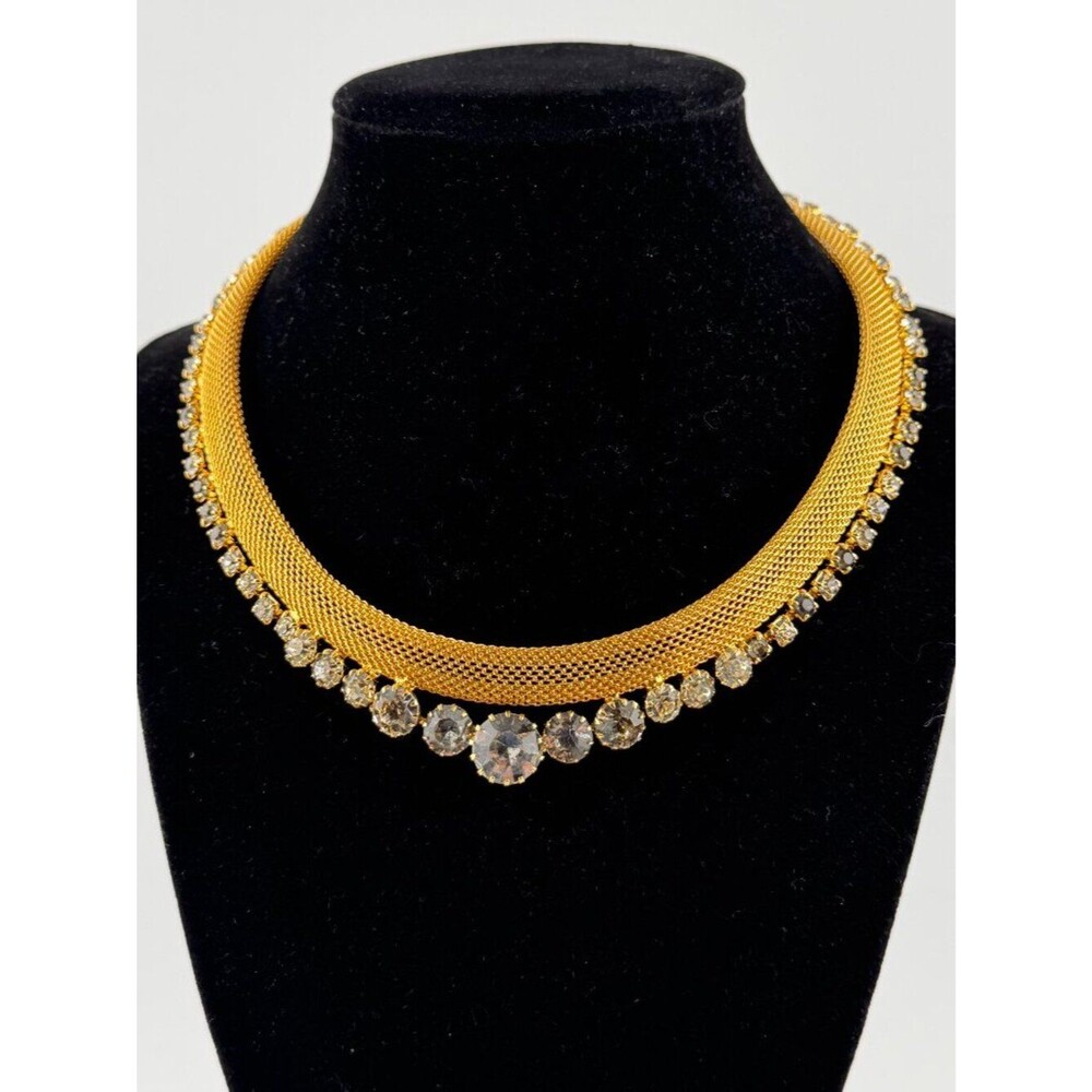Gold Tone Mesh Rhinestone Choker Necklace | Vtg 16" Graduated Crystal Collar